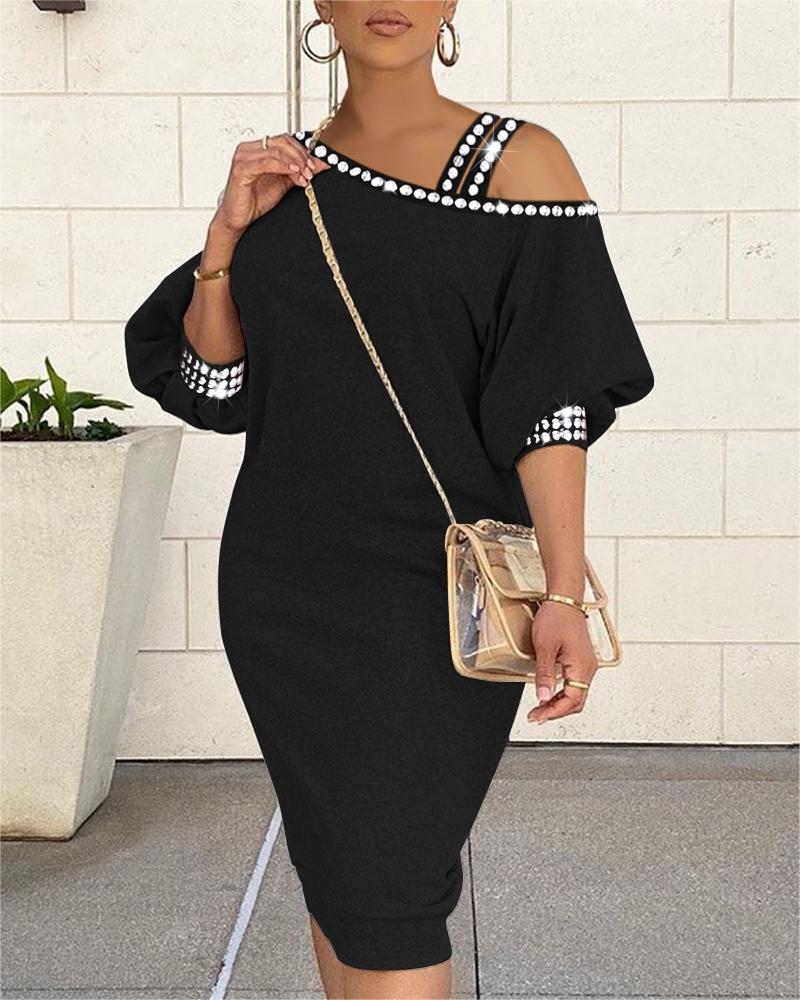 

Rhinestone Decor Cold Shoulder Casual Dress, Black