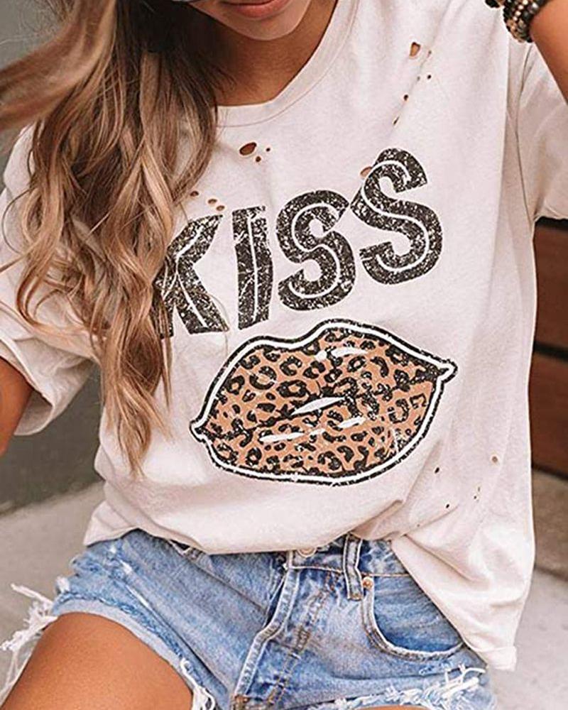 

Women' Vintage Letter Kiss Leopard Lip Print Round Neck Casual T-shirt, Beige