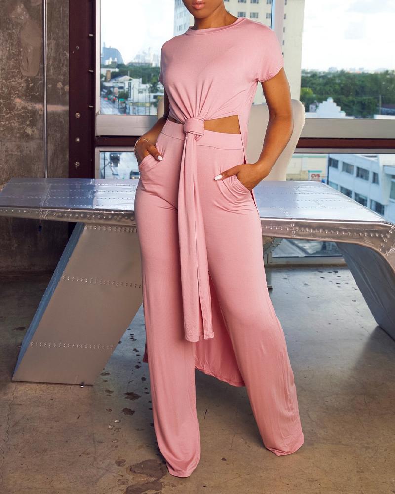 

Short Sleeve Split Hem Longline Top & Pants Set, Pink