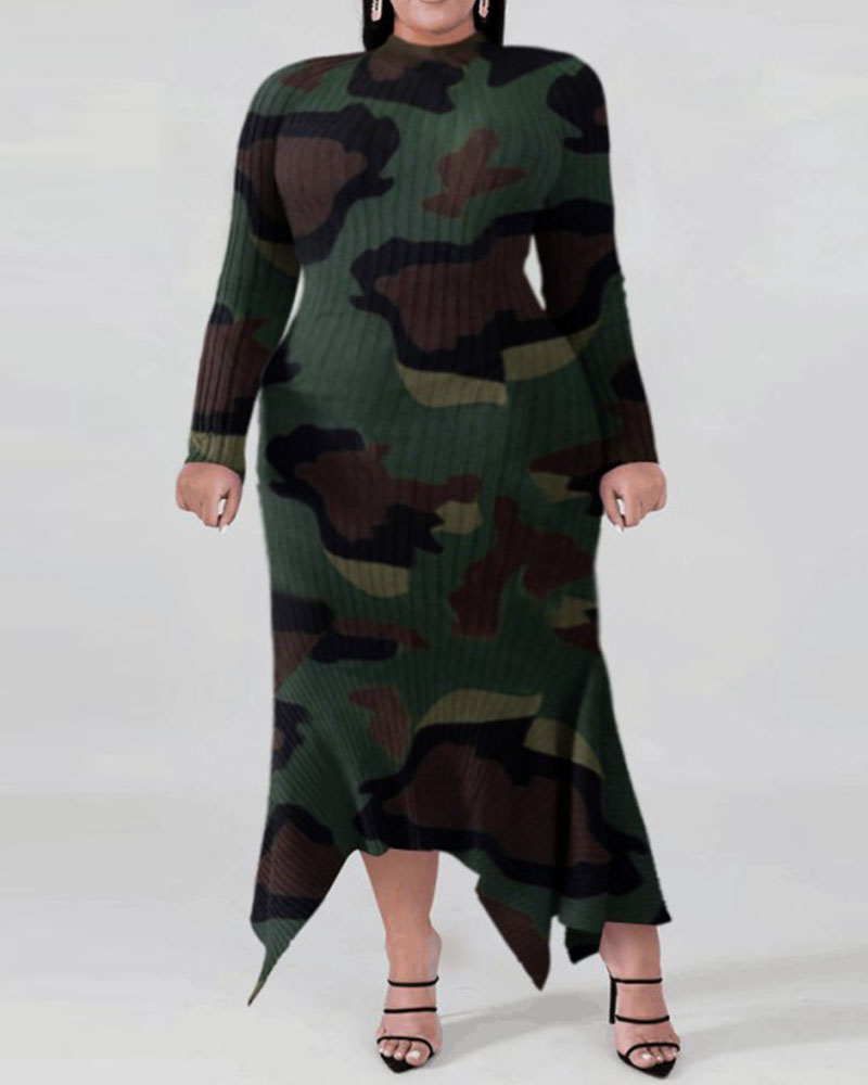 

Plus Size Camo Print Long Sleeve Asymmetrical Dress, Green