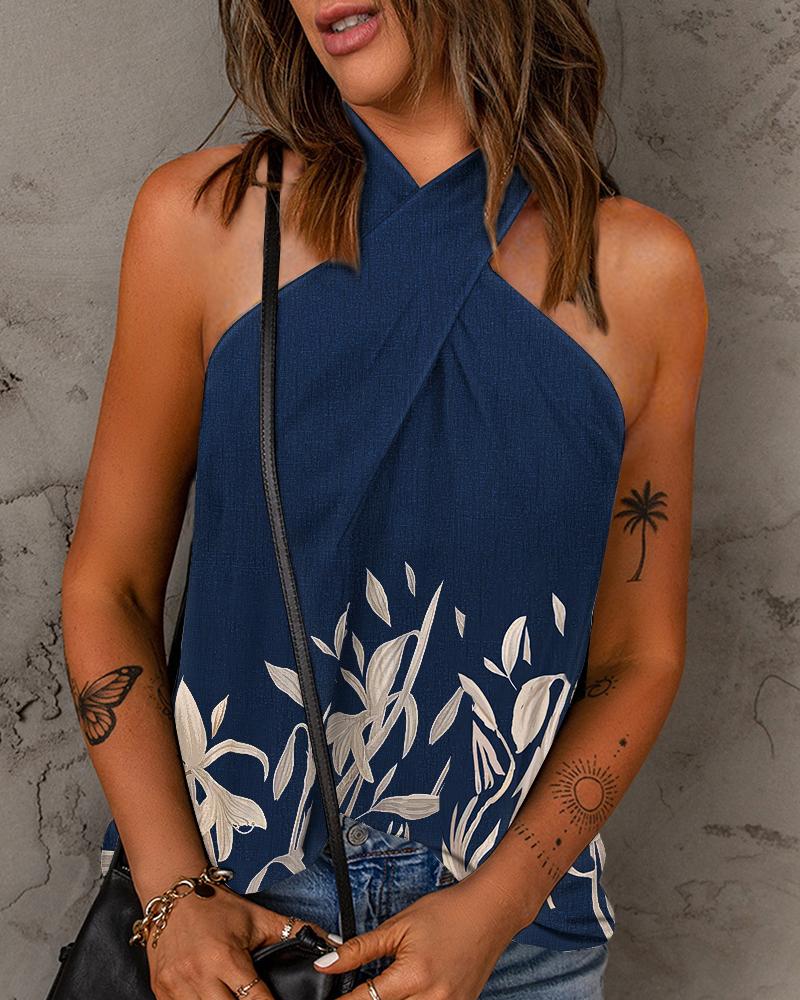 

Plants Print Crisscross Halter Top, Purplish blue