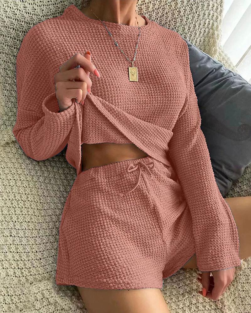 

Round Neck Drawstring Waffle Knit Pajamas Set, Pink