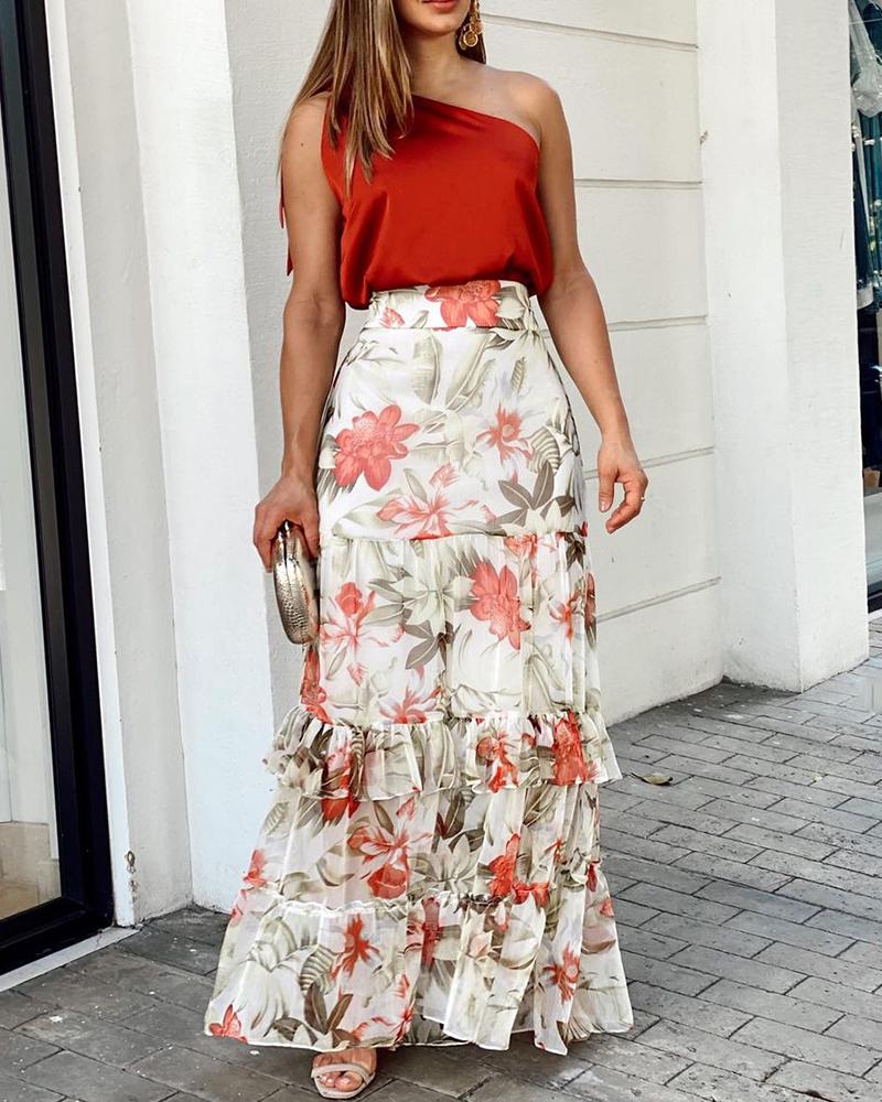 

One Shoulder Plain Top & Floral Print Maxi Skirt Set, Red