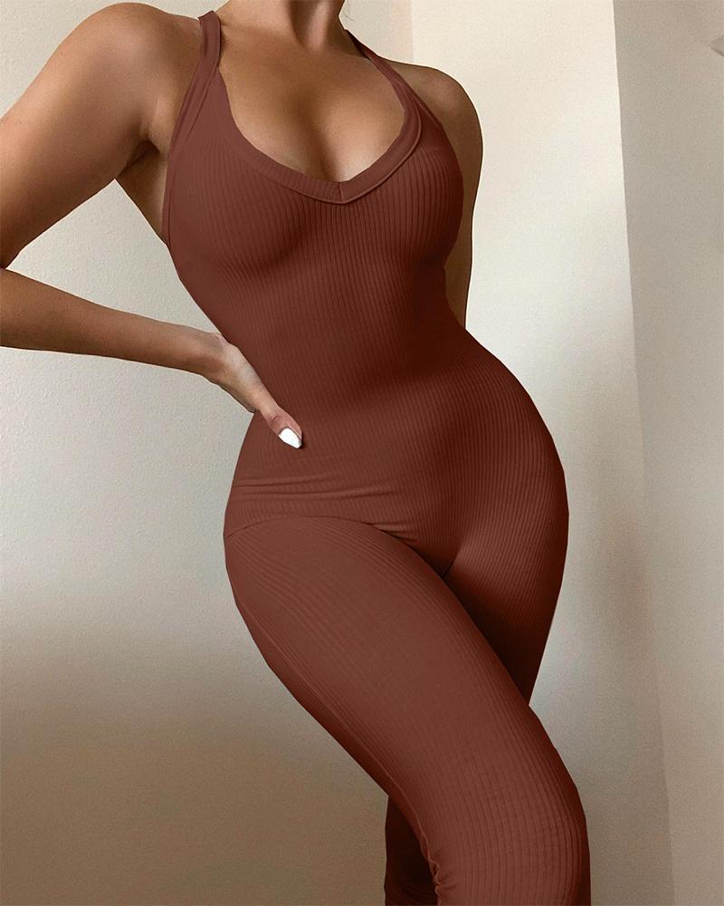 

Ribbed Criss Cross Backless Skinny Jumpsuit, Coffee