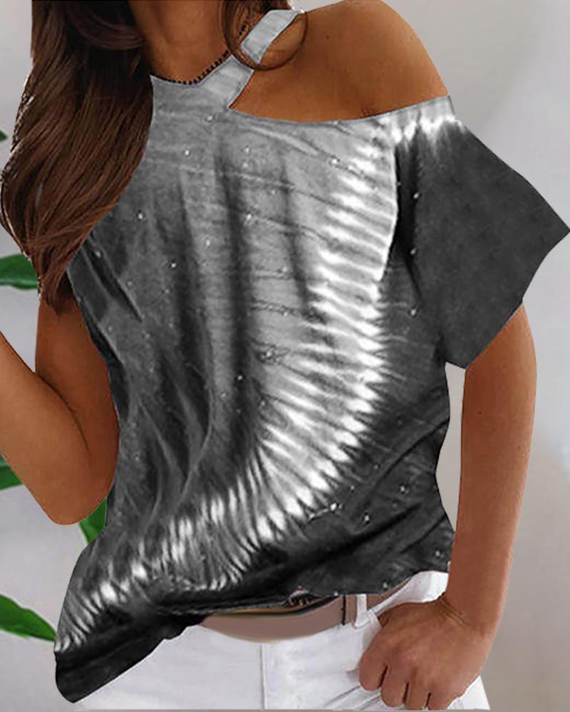 

Tie Dye Cut-out Short Sleeve Loose T-shirts, Gray