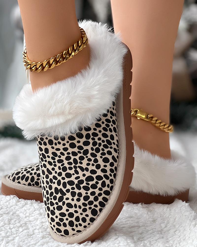 

Leopard Fuzzy Lined Winter Thermal Slippers, White&leopard