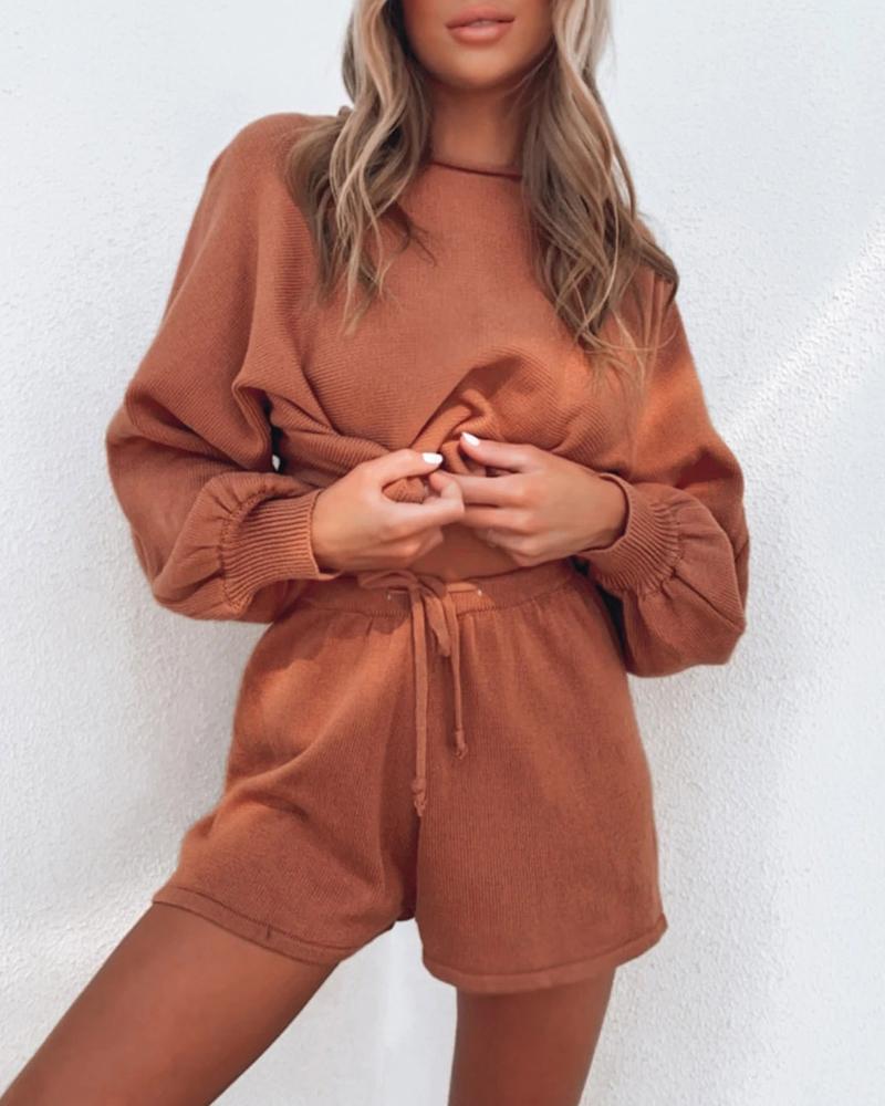 

O Neck Lantern Sleeve Sweater & Drawstring Shorts Set, Brown