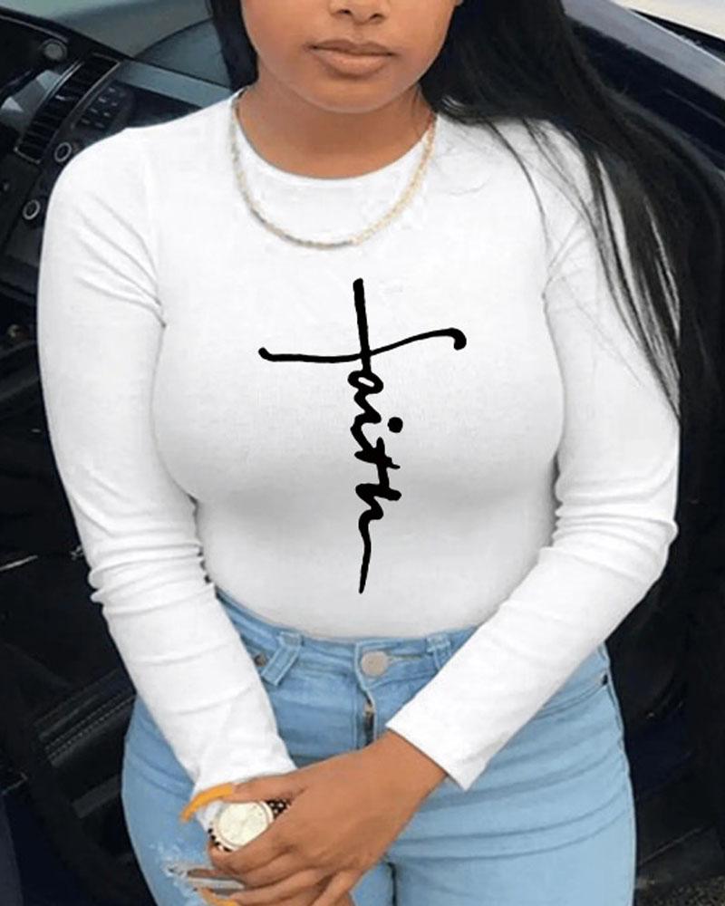 

Plus Size Letter Print Long Sleeve Top, White