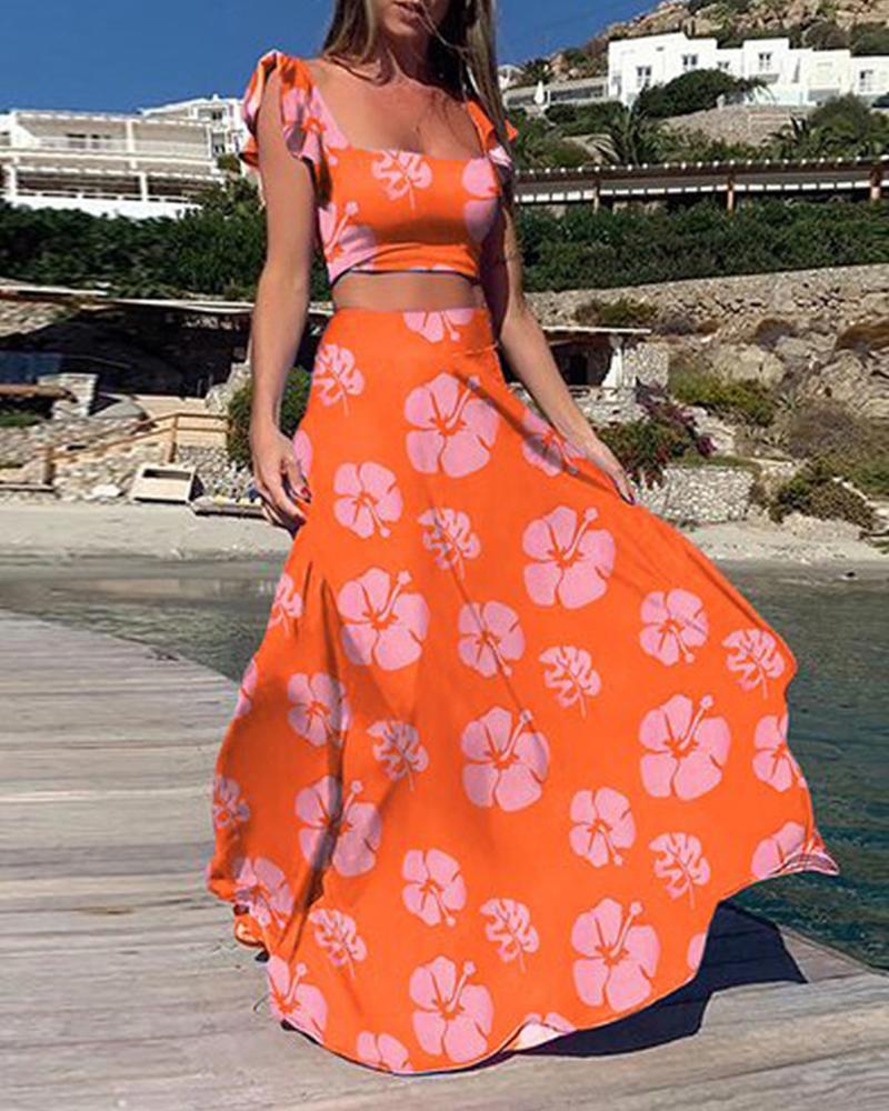

Floral Print Sleeveless Strap Tanks With A-line Long Skirts Skirt Sets, Orange