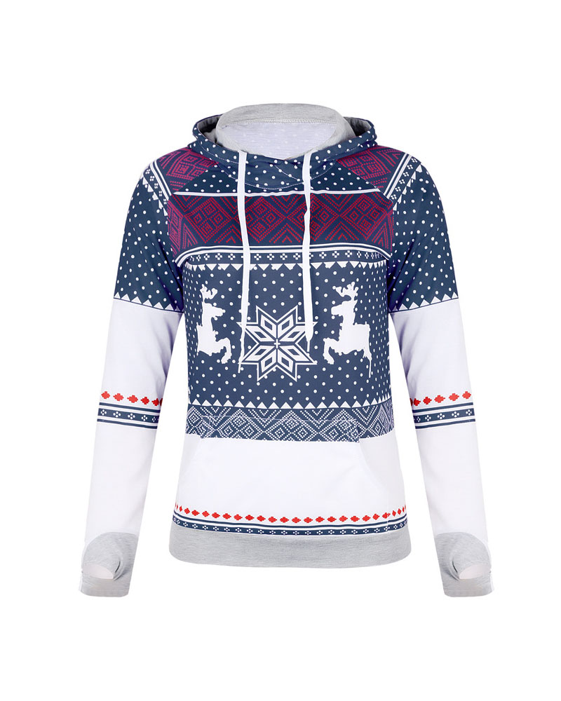 

Christmas Snowflake Elk Print Drawstring Hoodie, Blue