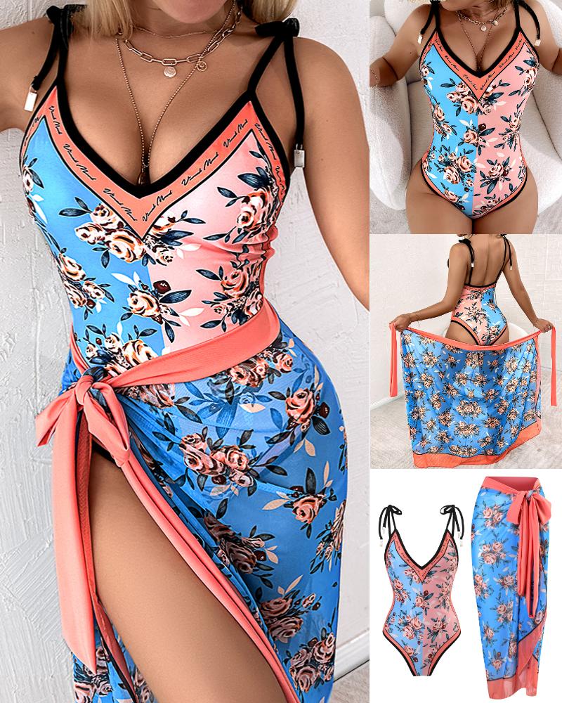 

Colorblock Floral Print One-Piece Swimsuit With Cover Up, Pink