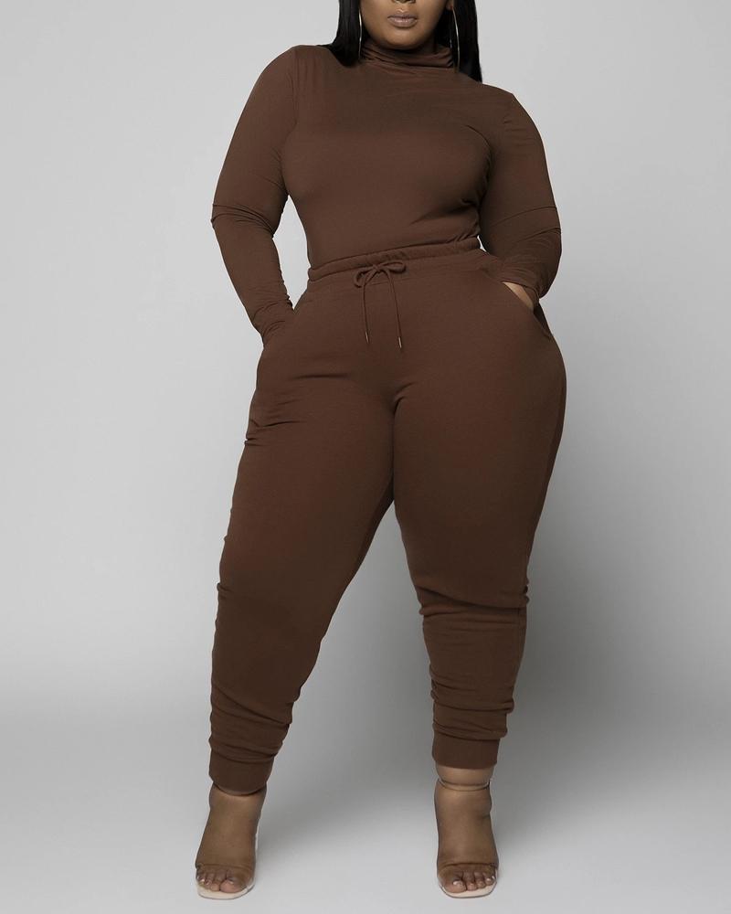 

Plus Size Long Sleeve High Neck Top & Pants Set, Coffee