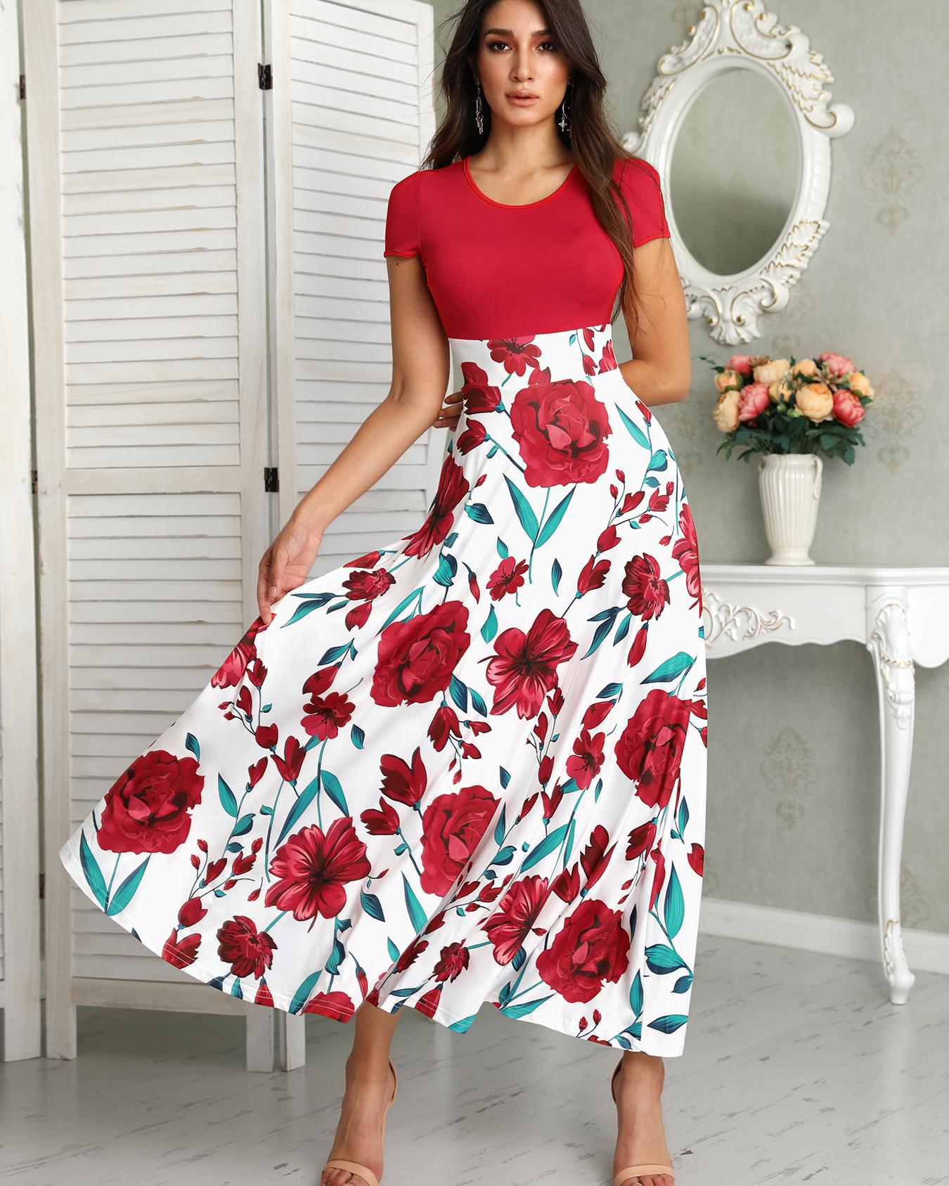 

Short Sleeve Floral Print Maxi Dress, Red