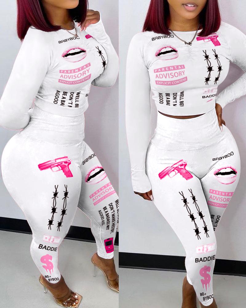 

Lip Letter Graphic Print Crop Top & High Waist Pants Set, White