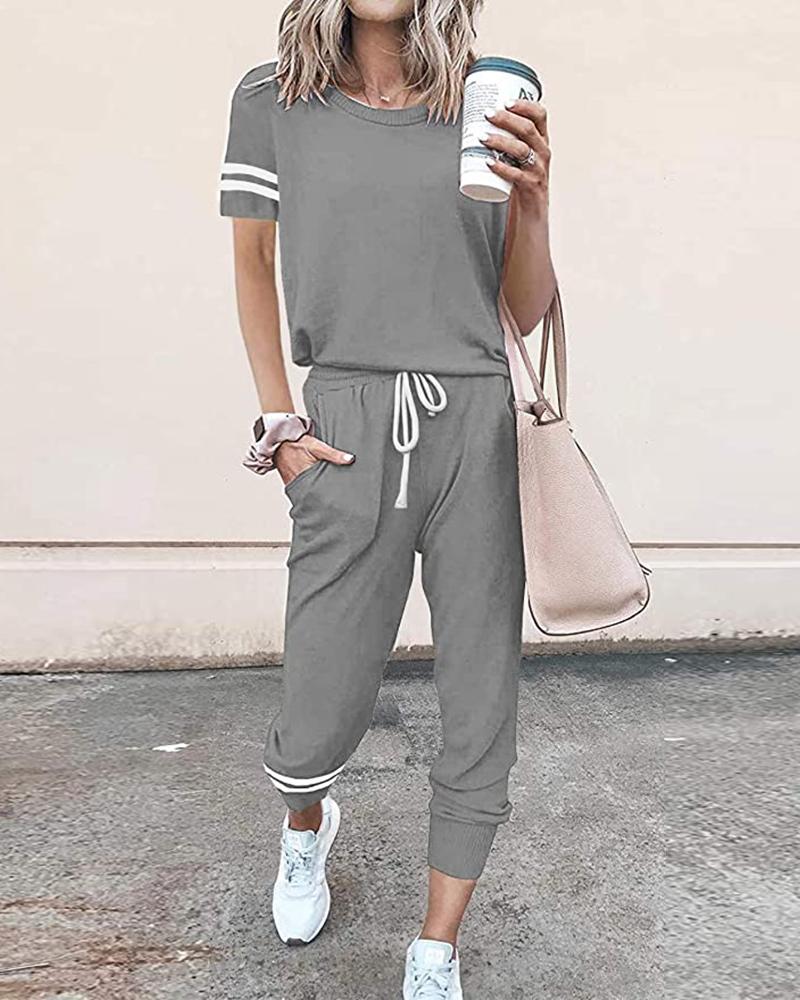 

Striped Print Short Sleeve Top & Drawstring Pants Set, Gray