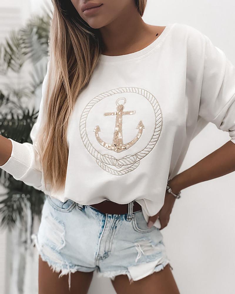 

Boat Anchor Sequins Casual Sweatshirt, White