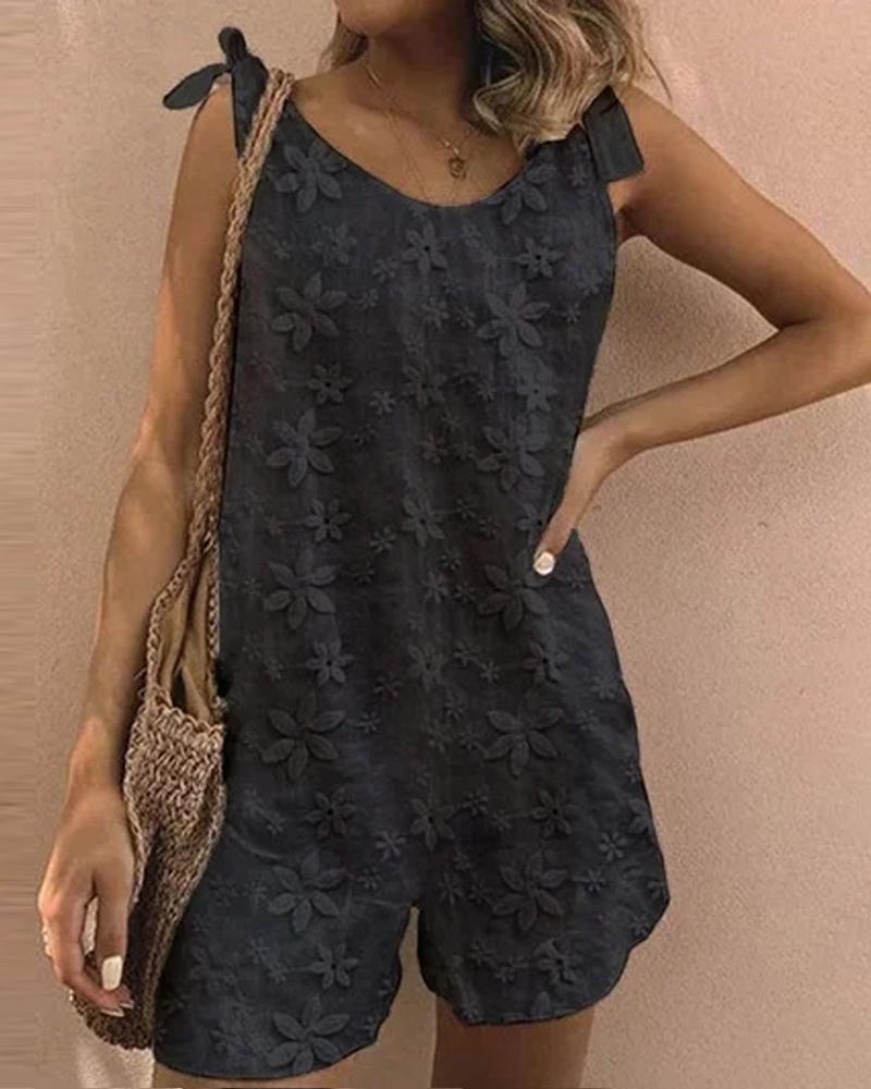 

Embroidery Floral Tied Detail Casual Romper, Black