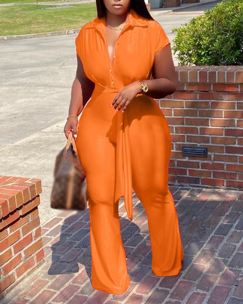 

Short Sleeve Button Front Belted Jumpsuit, Orange