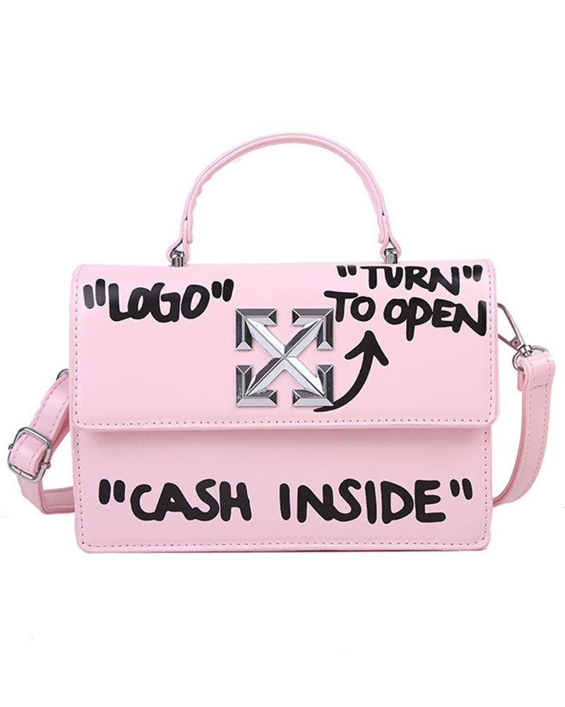 

Letter Print Flap Satchel Bag, Pink