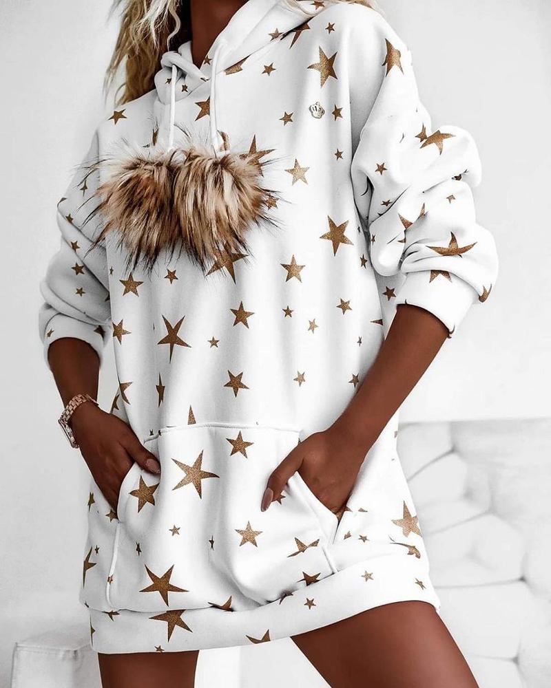 

Star Print Pom Pom Pocket Decor Hooded Top, White