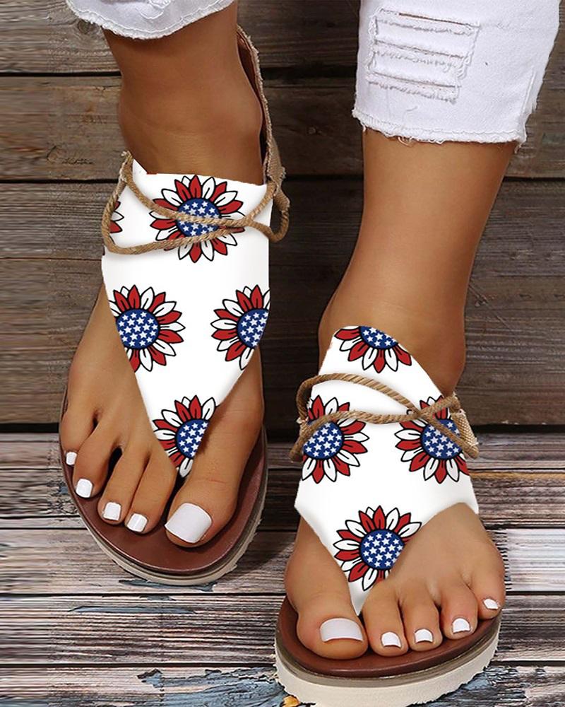 

Independence Day Flag Sunflower Print Toe Post Platform Sandals, Blue&red