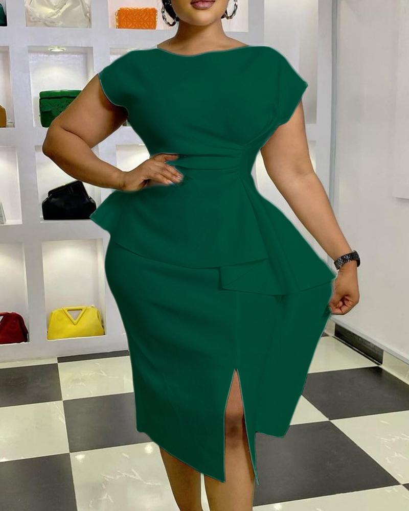 

Round Neck Short Sleeve Slit Work Dress, Green