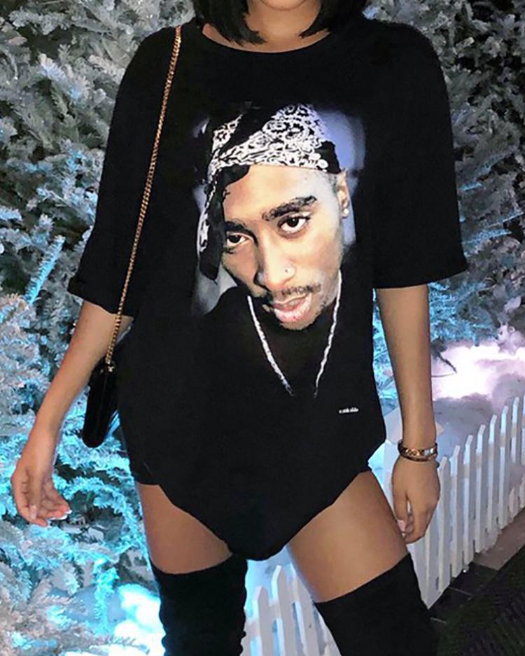 

Stylish Printed Dip Hem T-shirt Dress, Black