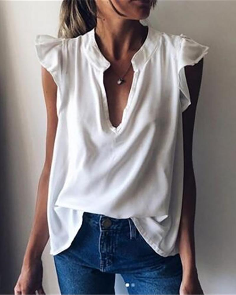 

Deep-V Ruffles Sleeve Solid Top, White