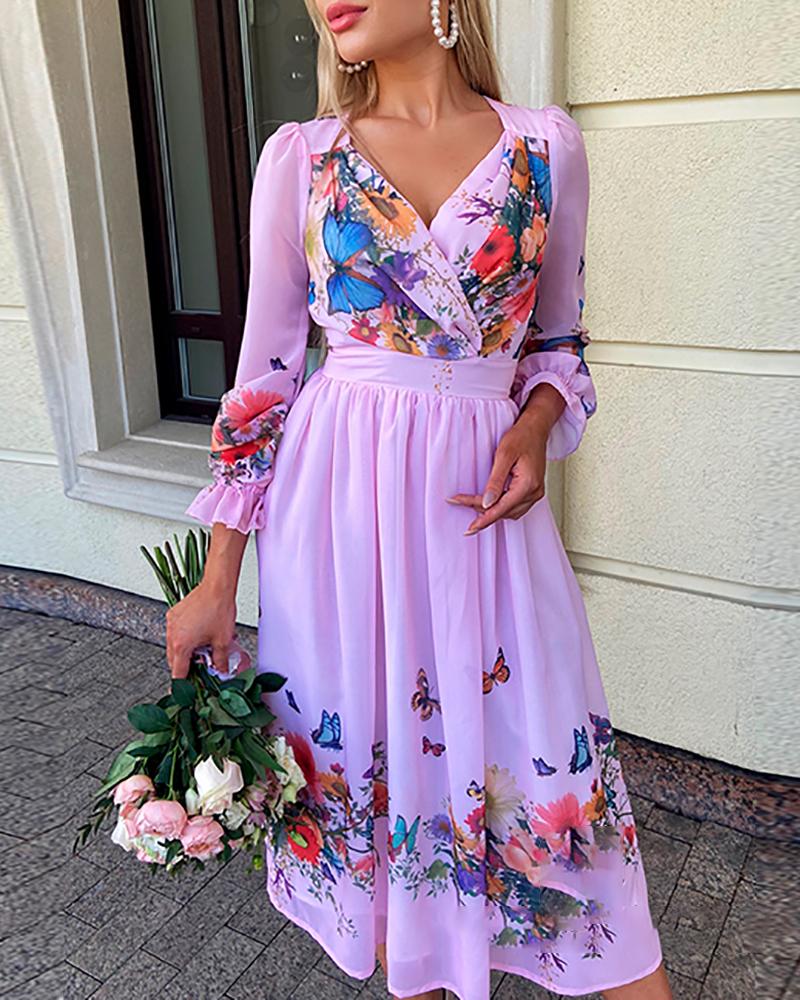 

Puff Lantern Sleeve Floral Butterfly Print Dress, Light purple