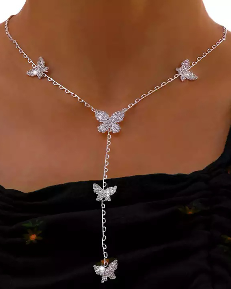 

1pcs Butterfly Tassel Decor Rhinestone Necklace, Silver