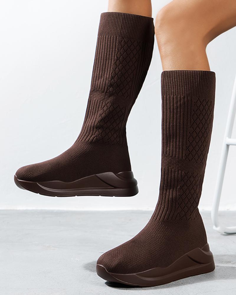 

Plain Knit Calf Boots, Brown