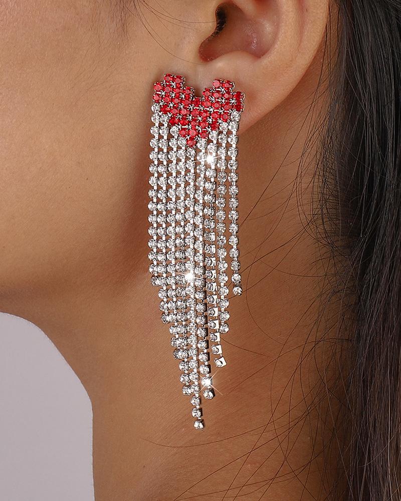 

1Pair Rhinestone Heart Tassel Drop Earrings, Silver