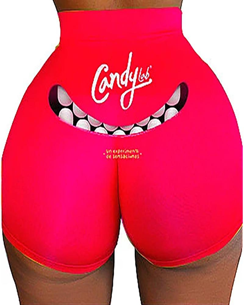 

Letter Lip Print High Waist Casual Shorts, Red