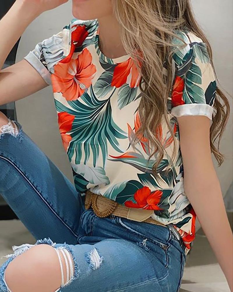 

Tropical Print Short Sleeve Casual T-shirt, Beige