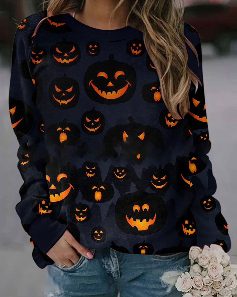

Halloween Long Sleeve Pumpkin Print Sweatshirt, Black