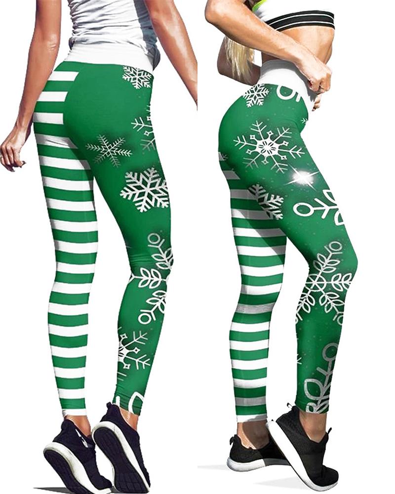 

Christmas Snowflake Striped Print High Waist Leggings, Green