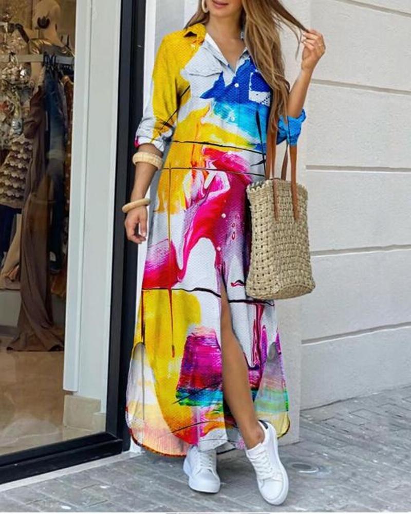 

Tie Dye Print Curved Hem Button Front Shirt Dress, Multicolor
