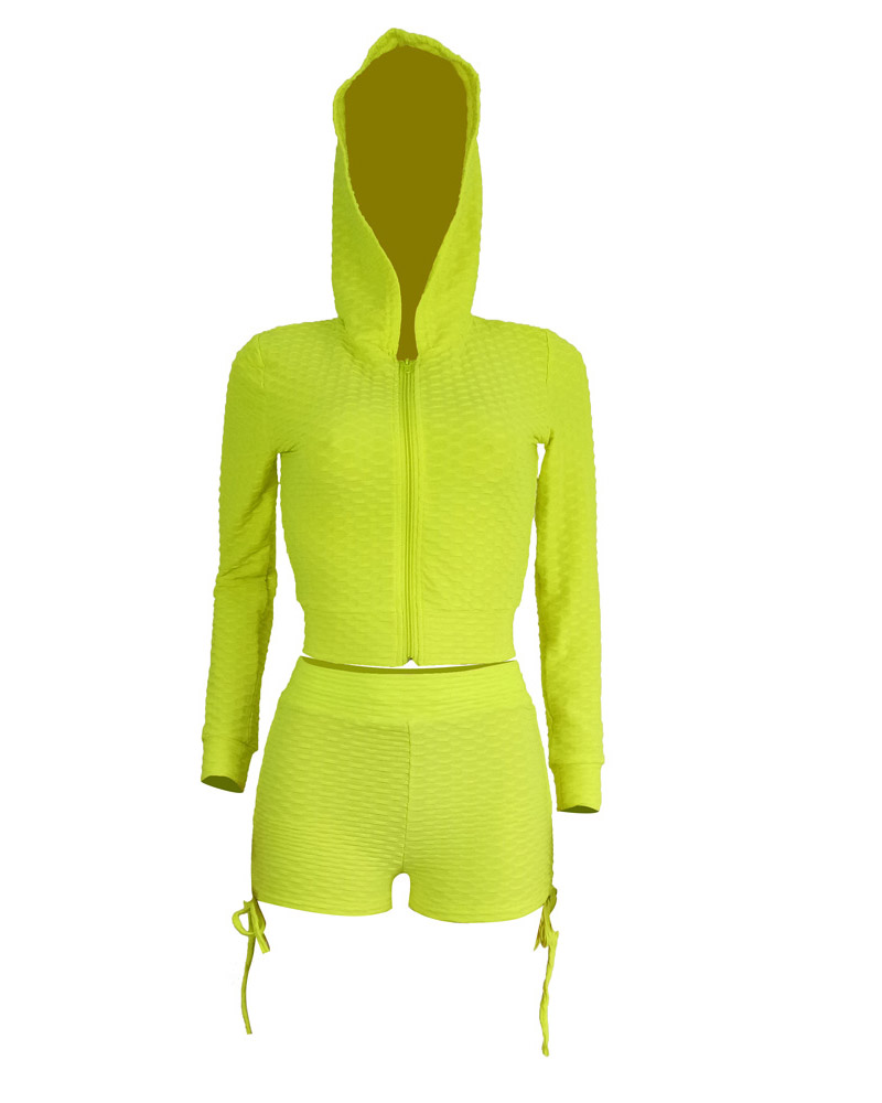 

Zip Up Hooded Crop Top & Drawstring Ruched Shorts Set, Yellow