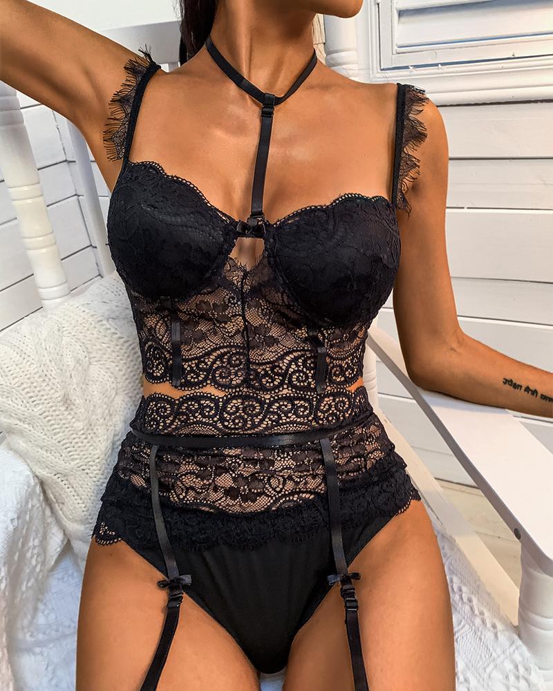 

Cutout Lace Lingerie Bra Sets, Black