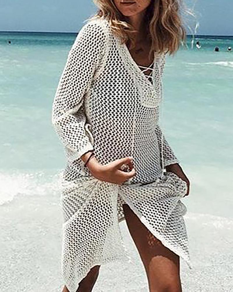 

Crochet Lace Hollow Out Bikini Cover Up Dress, White