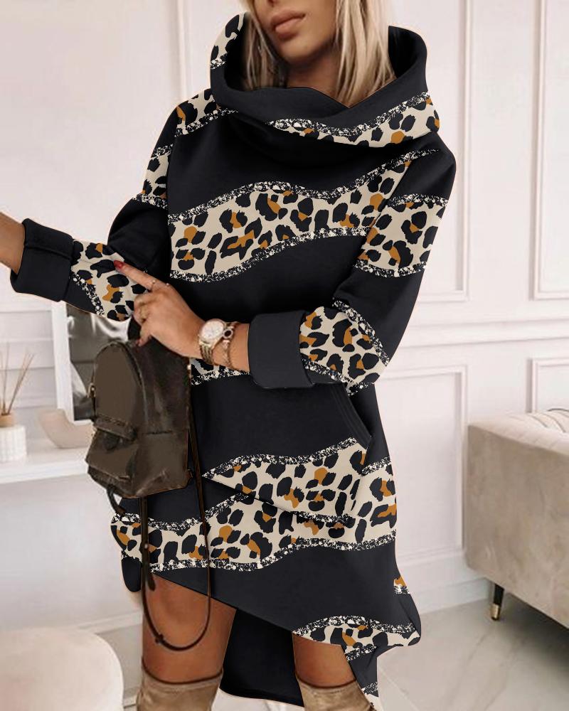 

Leopard Print Long Sleeve Sweatshirt Dress, Black