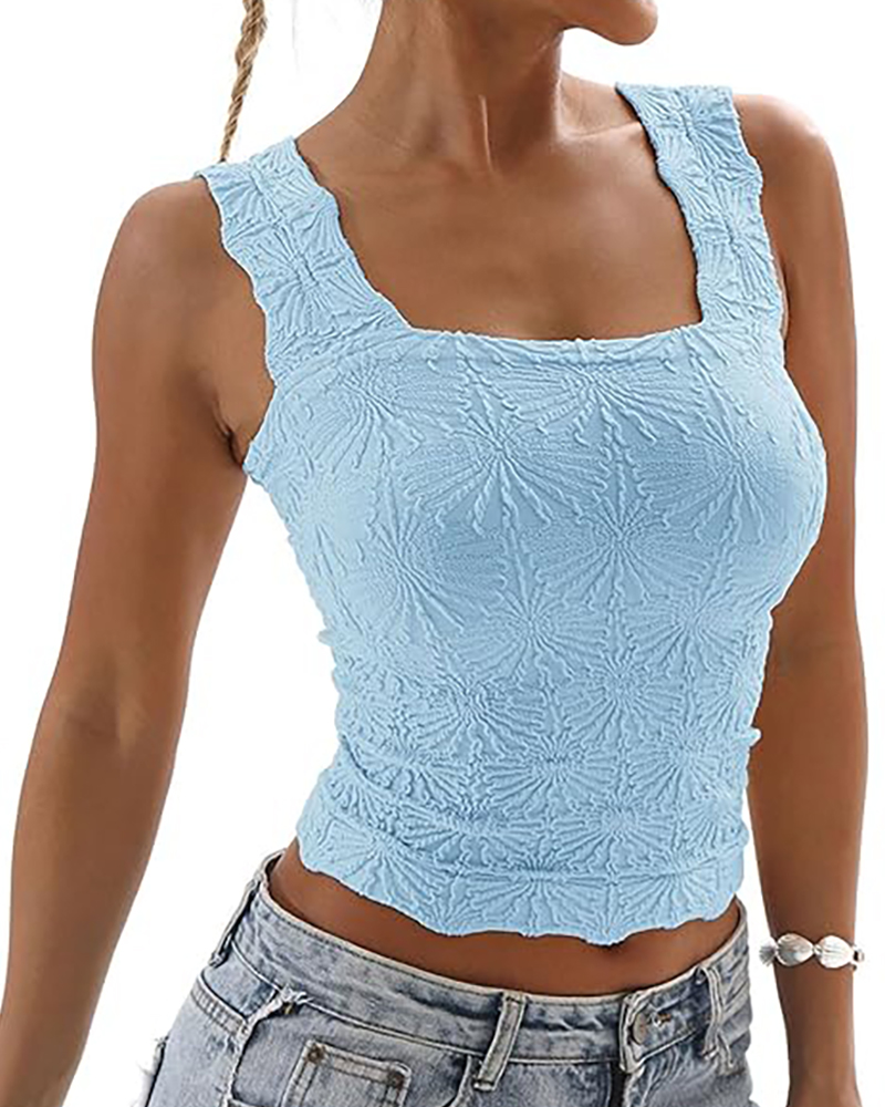 

Débardeurs courts à col carré et bretelles larges avec hauts sans manches à fleurs en jacquard, Blue