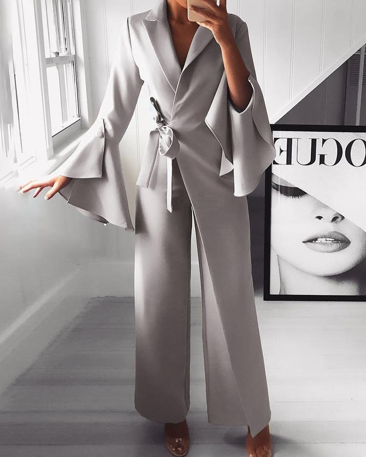 

Irregular Flared Sleeve Knot Side Wide Leg Jumpsuit, Light gray