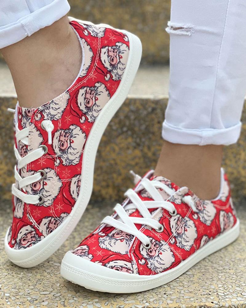 

Christmas Graphic Print Lace-up Canvas Slip-On, Red
