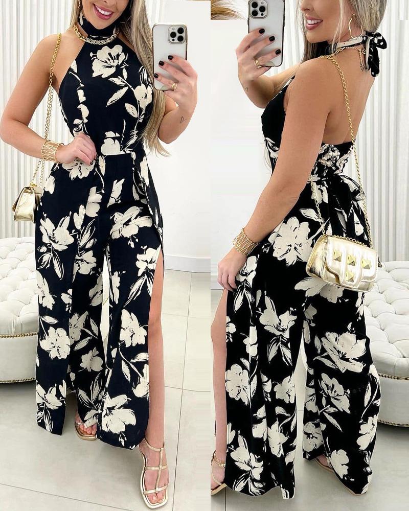 

Floral Print Halter High Slit Jumpsuit, Black