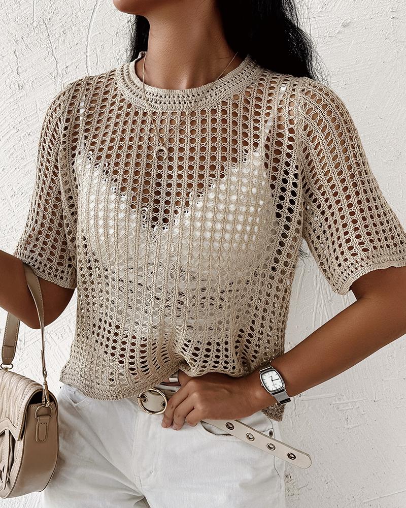 

Hollow Out O-Neck Crochet T-shirt, Khaki
