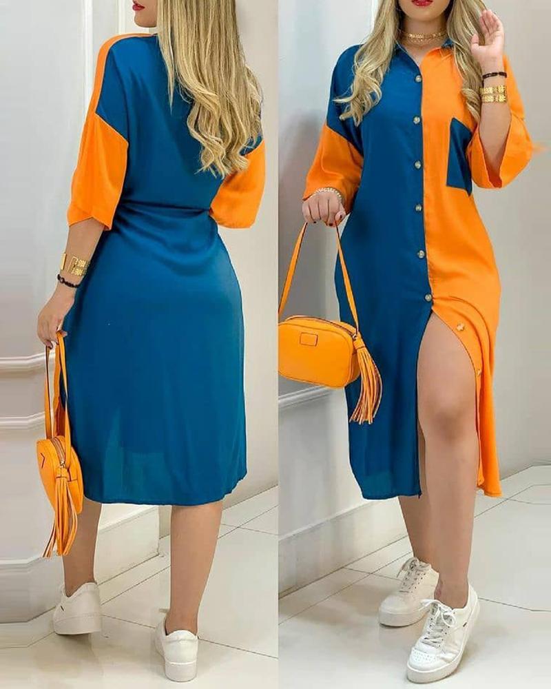 

Plus Size Colorblock Button Design Shirt Dress, Blue