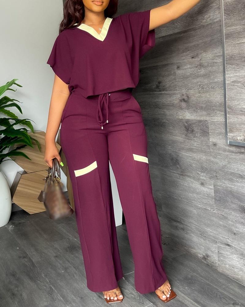 

Contrast Paneled Crop T-shirt & High Waist Pants Set, Purple