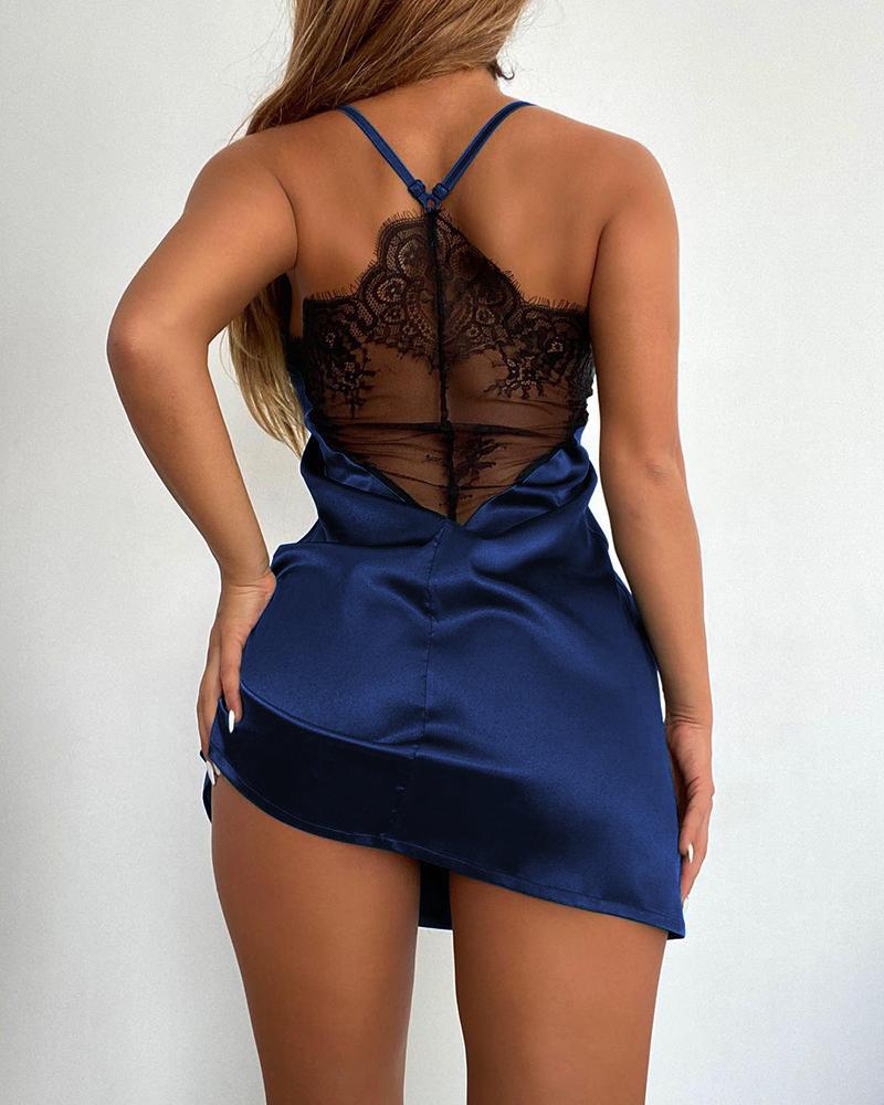 

Eyelash Lace Sheer Mesh Satin Babydoll, Dark blue