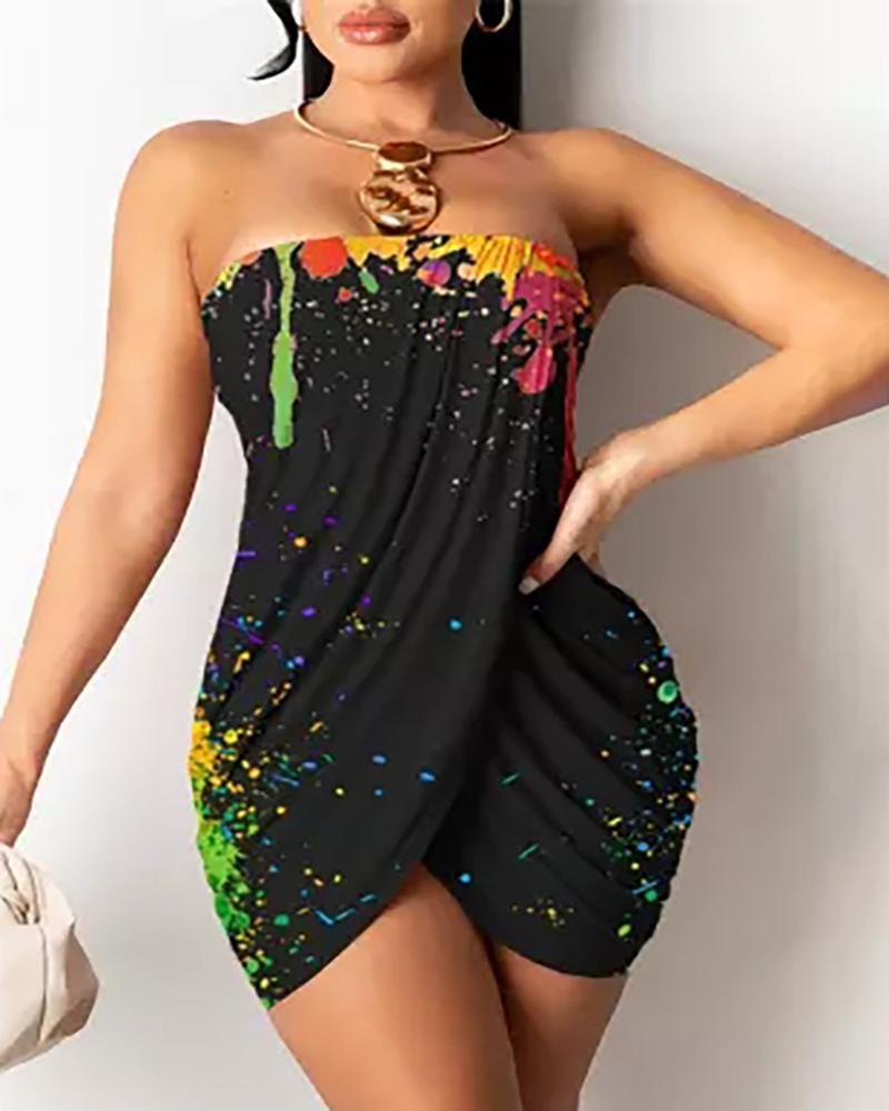 

Tie Dye Print Colorblock Bandeau Bandage Dress, Black